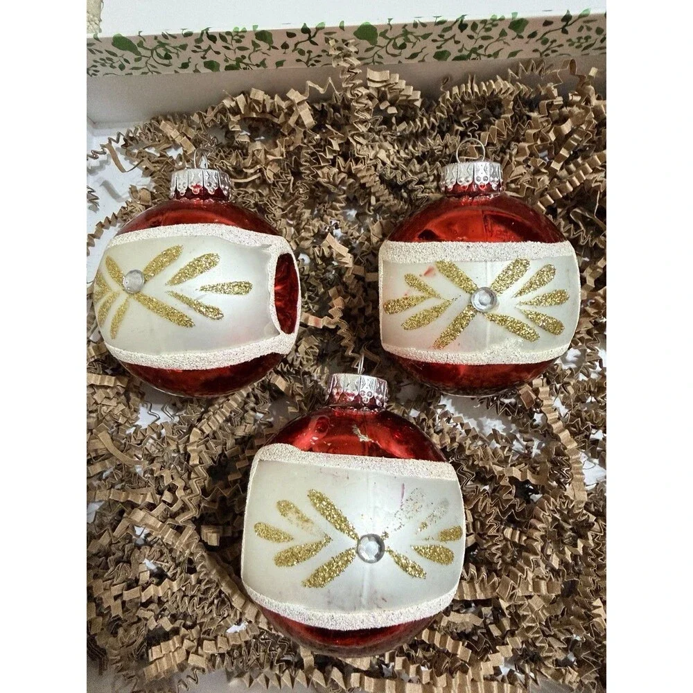 Vtg G&D Reflector Blown Glass Christmas Ornaments 3” Red White & Gold Set Of 3